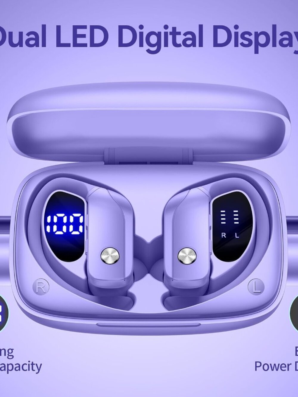 Purple Wireless Earbuds Bluetooth LED Display Ear-hooks Built-in Mic Headset - Picture 2 of 6